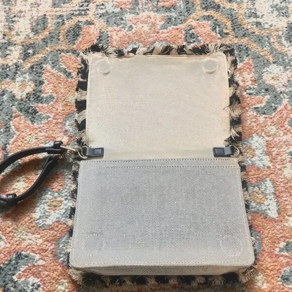 SPARTINA 449 Cordelia Clutch Tan Linen Black Leather Brown Embroidery Fringe - Picture 5 of 8